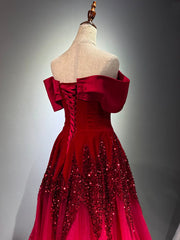 A-Line Off Shoulder Tulle Sequin Burgundy Long Prom Dress, Burgundy Formal Dress
