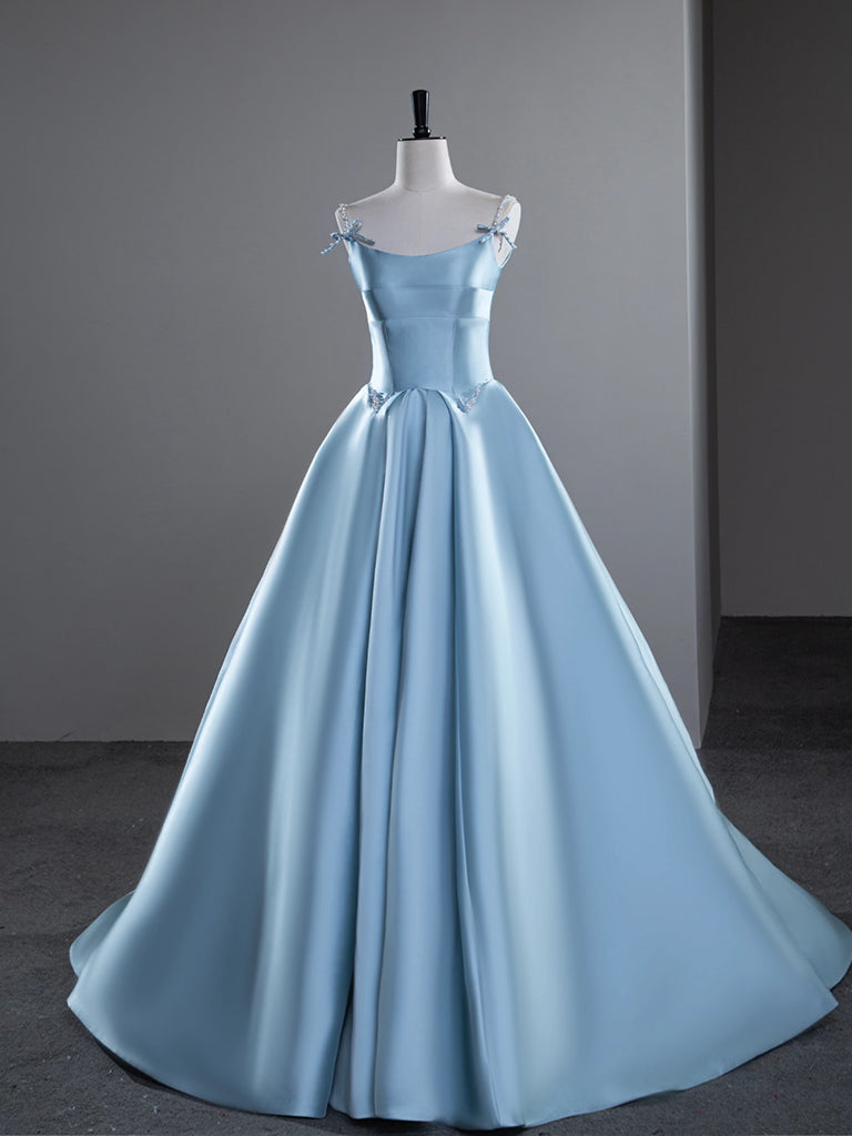 A-Line Satin Blue Long Prom Dress, Blue Long Evening Dress