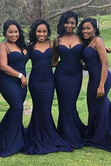 Spaghetti Straps Long Navy Blue Mermaid Bridesmaid Dress