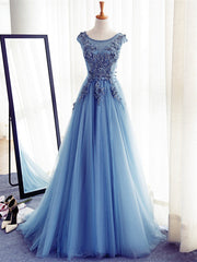 Custom Made Round Neck Sleeveless Lace Prom Dress, Blue Lace Formal Dress