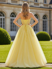 Strapless Corset Bodice A-Line Gown with Applique Lemon