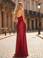 Stretch Satin Mermaid Formal Dress with Applique Burgundy