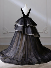 Black V Neck Tulle Long Prom Dress, Black Long Evening Dress
