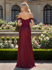 Off-Shoulder Beaded Bodice Sheath Formal Gown Burgundy