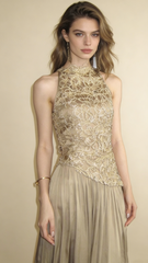 Charming Prom Dress A Line High-collar Pleated Cocktail Dress Evening Dress Wedding Guest Dress HZ0319