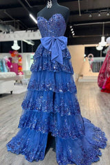 Strapless Applique Ruffle Silt Prom Dress with Bow