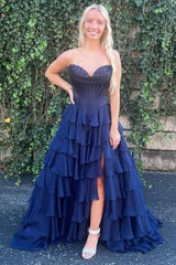 Dark Navy Strapless Pleated Prom Dress with Ruffle