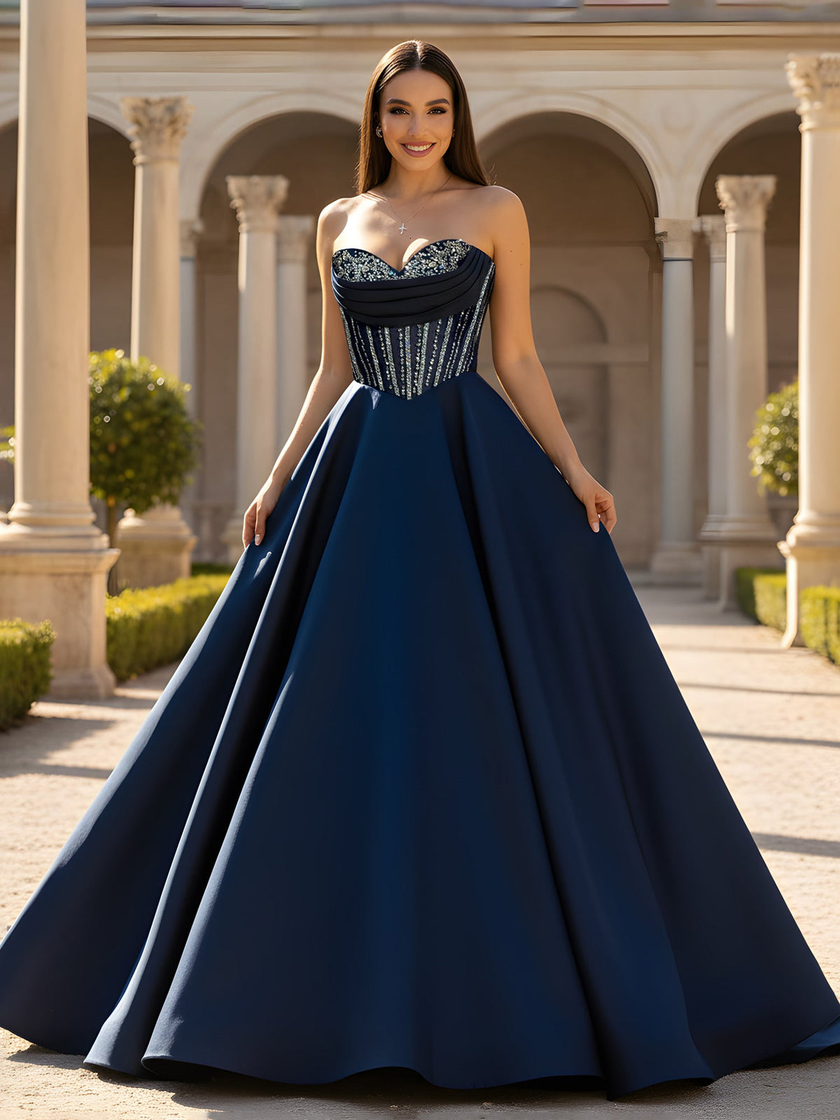 Pleated Corset Bodice Full A-Line Skirt Dress Dark Navy