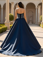 Pleated Corset Bodice Full A-Line Skirt Dress Dark Navy