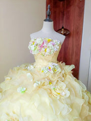 Charming Prom Dress Light Yellow Strapless Floral Ruffle Sweet 16 Dress Quinceanera Dress Ball Gown HZ0319