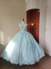Stunning Prom Dress Light Blue V-neck Pleated Tulle Evening Dress Quinceanera Dress Ball Gown HZ0319