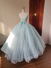 Stunning Prom Dress Light Blue V-neck Pleated Tulle Evening Dress Quinceanera Dress Ball Gown HZ0319