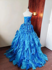 Beauty Prom Dress Blue Strapless Ruffle Tiered Evening Dress Quinceanera Dress Ball Gown HZ0319