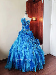 Beauty Prom Dress Blue Strapless Ruffle Tiered Evening Dress Quinceanera Dress Ball Gown HZ0319