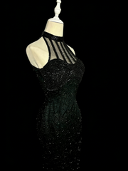 Sexy Prom Dress Black Crew Neck Fitted Beading Cocktail Dress Evening Dress Wedding Guest Dress HZ0319