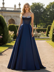 A-Line Ball Gown with Illusion Corset Bodice Dark Navy