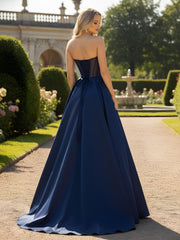 A-Line Ball Gown with Illusion Corset Bodice Dark Navy