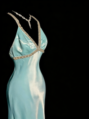 Elegant Prom Dress Satin Light Blue Spaghetti Straps Formal Dress Evening Dresses Wedding Guest Dress HZ0319