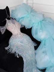 Shiny Light Blue Beaded Sequined Design Mermaid Prom Dress Evening Dress HZ1024