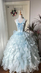 Charming Prom Dress Baby Blue Halter Ruffle Tiered Evening Dress Quinceanera Dress Ball Gown HZ0319