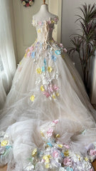 New Arrival Prom Dress Off Shoulder Tulle Pleated Floral Evening Dress Quinceanera Dress Ball Gown HZ0319