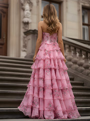 Ruffled Tiered Skirt Gown with Floral Print Chiffon Pink