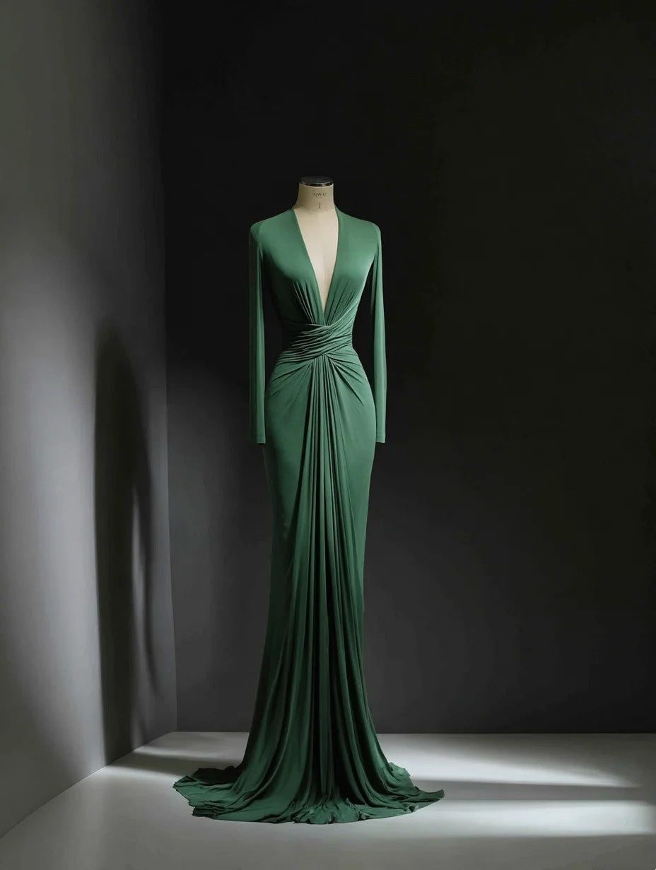 Minimalist Prom Dress Green V-neck Pleated Formal Dress Evening Dresses Wedding Guest Dress HZ0319