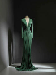 Minimalist Prom Dress Green V-neck Pleated Formal Dress Evening Dresses Wedding Guest Dress HZ0319