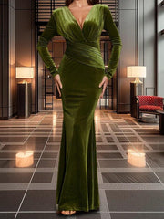 Women Formal Long Sleeves Women's Formal Prom Dresses Sexy Wrap V-Neck Mermaid Evening Party Gown