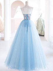 Blue tulle beads long prom dress, blue tulle long evening dress