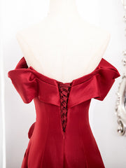 A-Line Off Shoulder Satin Burgundy Long Prom Dress, Burgundy Long Formal Dress