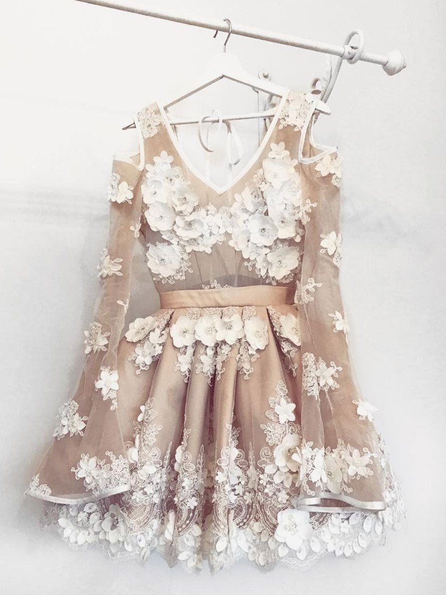 Champagne v neck tulle lace short prom dress lace bridesmaid dress