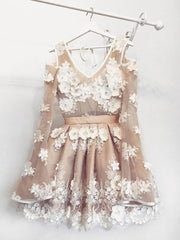 Champagne v neck tulle lace short prom dress lace bridesmaid dress