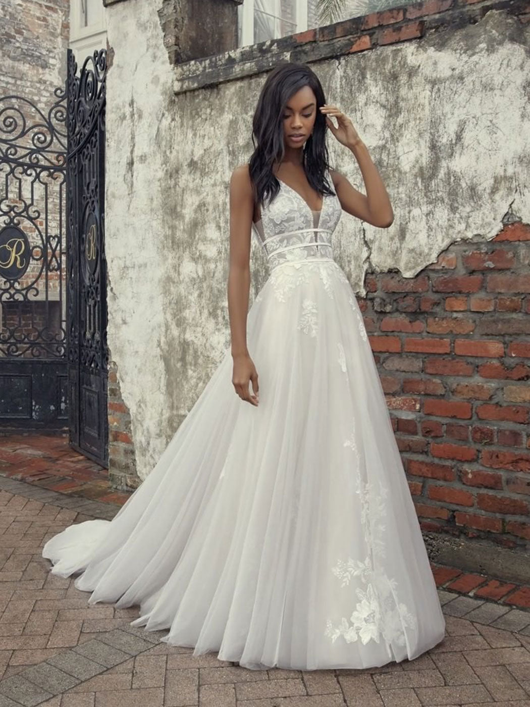 Gray white v neck tulle lace long prom dress, A line evening dress