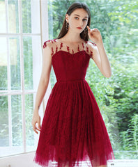 Burgundy round neck tulle lace short prom dress burgundy cocktail dress
