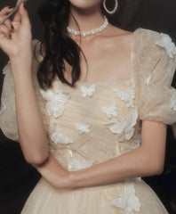 Champagne tulle lace long prom dress champagne tulle formal dress