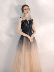 Champagne tulle long prom dress, champagne A line evening dress