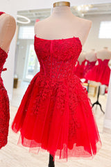 Hot Pink Tulle Strapless A-Line Short Gown with Appliques