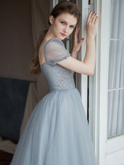 Gray tulle beads long prom dress, gray tulle formal dress