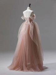 A-Line Pink Tulle Lace Long Prom Dress, Pink Tulle Lace Formal Dress