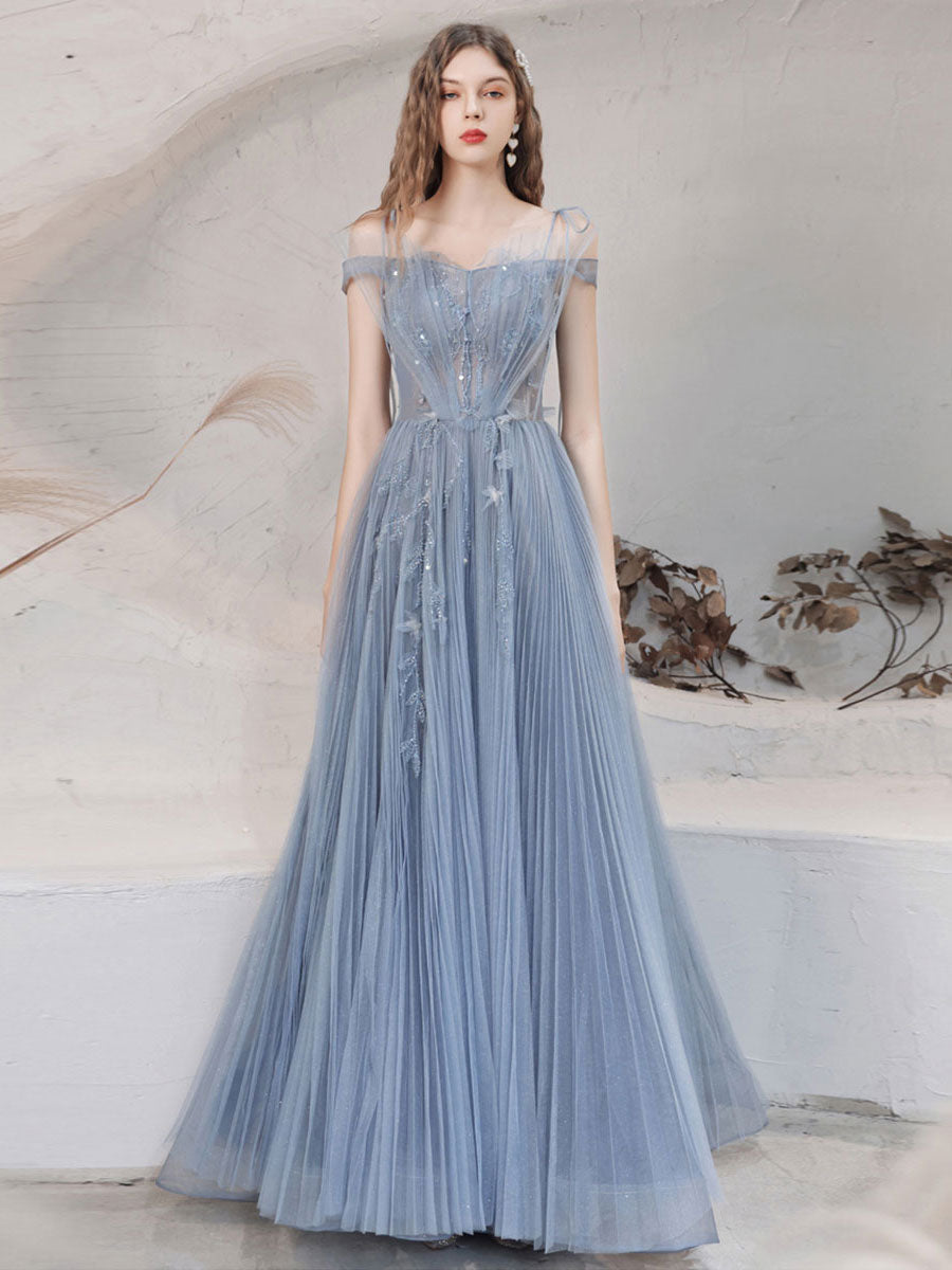 Blue tulle lace off shoulder long prom dress tulle formal dress
