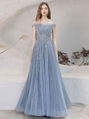 Blue tulle lace off shoulder long prom dress tulle formal dress