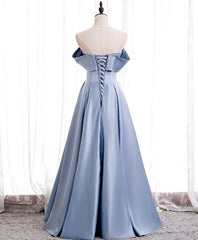 Blue satin of shoulder long prom dress blue bridesmaid dress