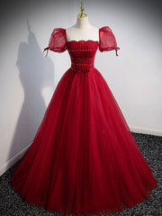 Burgundy A line tulle long prom dress, burgundy tulle formal dress