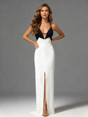 Spaghetti Straps V-neck Sheath Dress With Front Slit White