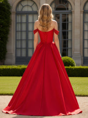Off-Shoulder Beaded Sweetheart A-Line Gown with Slit Red