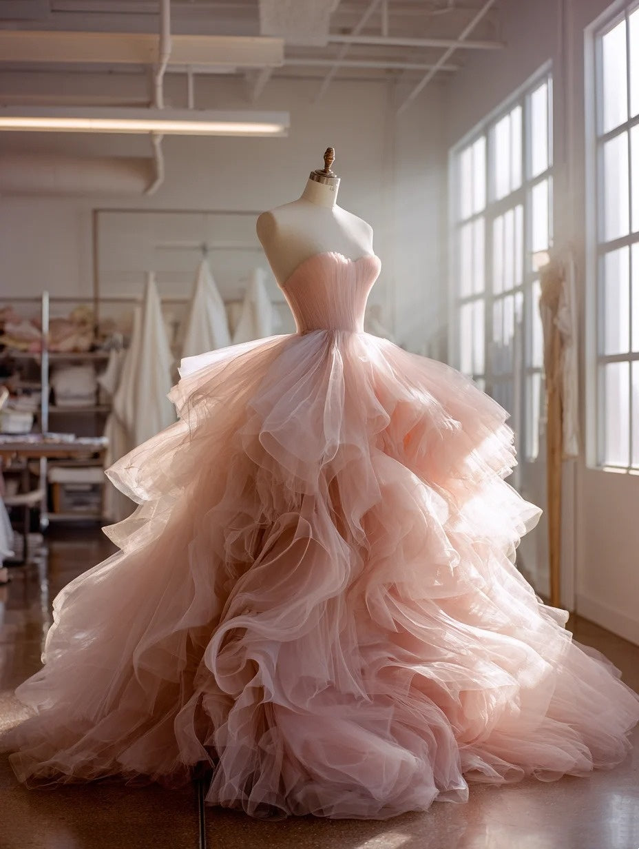 New Arrival Ball Gown Light Pink Sweetheart Pleated Tulle Ruffle Prom Dresses Evening Gown Quinceanera Dress HZ0319