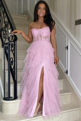 Gentle Tulle Coral Strapless Layered Prom Dress with Applique