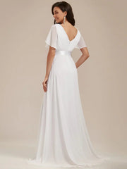 Flutter sleeve white chiffon wedding dress wide