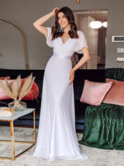 Flutter sleeve white chiffon wedding dress wide